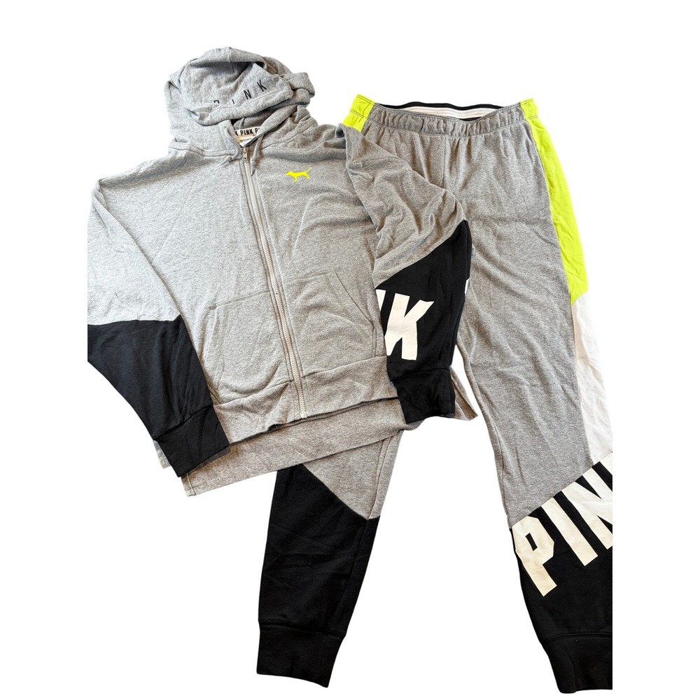 Victoria's Secret PINK Tracksuit Set Gray Neon Yellow Zip Hoodie Joggers Small
